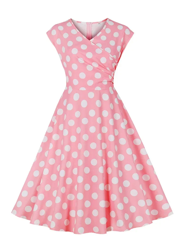 Hepburn Polka Dot Print 50s Vintage Dress Women High Waist V-Neck Cap Sleeve Pink Party Midi Dresses Retro Swing Dress Vestdios