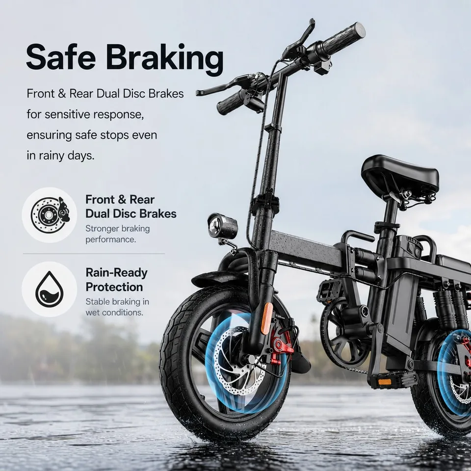 48V 500W Powerful Electric Bike, 43km/h Top Speed, 60km Assist Range, 14" Foldable Frame Fits Trunk, Dual Disc Brakes Rain-Ready, 150kg Load, Fenders & Basket Included, Commuter E-Bike image 7