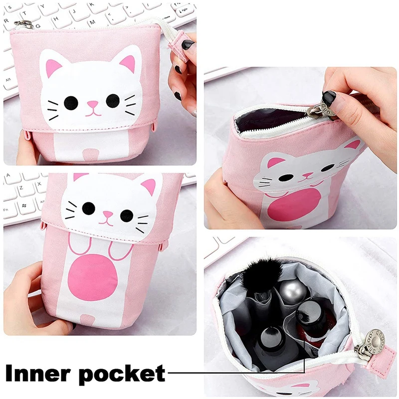 ANGOO 4 Pieces Pencil Holder Cute Cat Telescopic Pencil Organizer Makeup Bag Cosmetics Pouch Stationery Pen Case