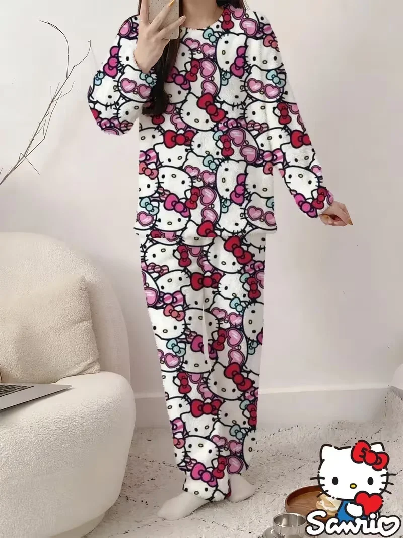 Hello Kitty Heart Flower All Over Print Coral Fleece Pajama Set Soft Loose Winter Unisex 2Pcs Loungewear FamilyMatching