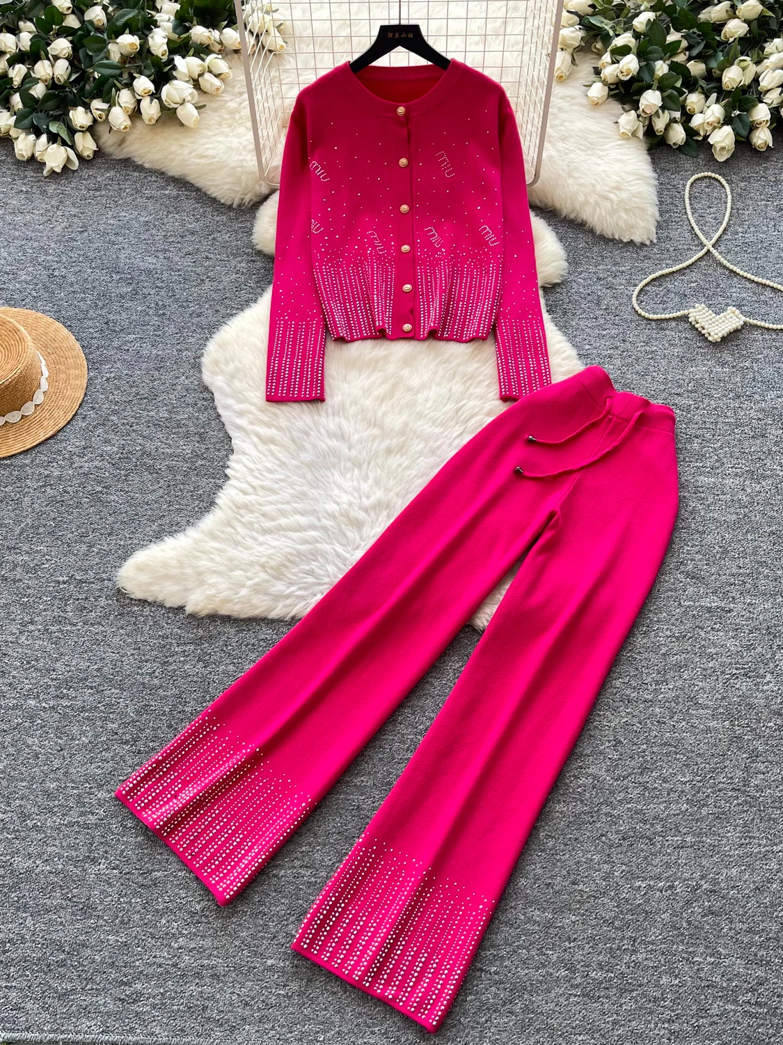 Elegant Women's Autumn Fashion Set High Waist Wide Leg Pants Slim Fit Cardigan Heavy Embroidery Two Piece Suite Casual Commute