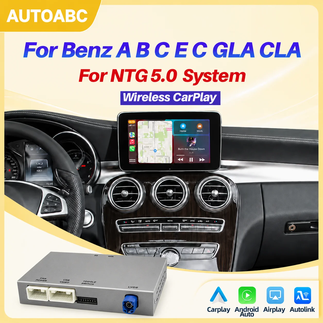 Module Android Auto sans fil CarPlay pour Mercedes-Benz W205, W176, C117, C253, W222, X156 ; NTG 5.0 A-, B-, C-, E-, S-, CLS-, GLA-, CLA-, GLE-, GLS-Class ; avec prise en charge du Bluetooth, de la navigation, du MirrorLink et de l'interface caméra ; décodeur inclus.
