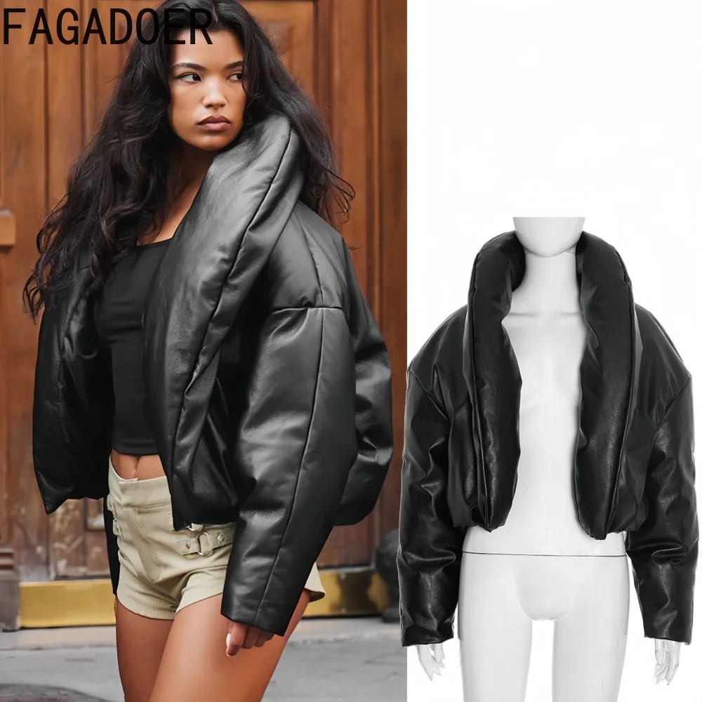 

FAGADOER Fashion Leather Patchwork Cotton Jacket Women Solid Long Sleeves Deep V-neck Crop Jacket Female Streetwear Clothing