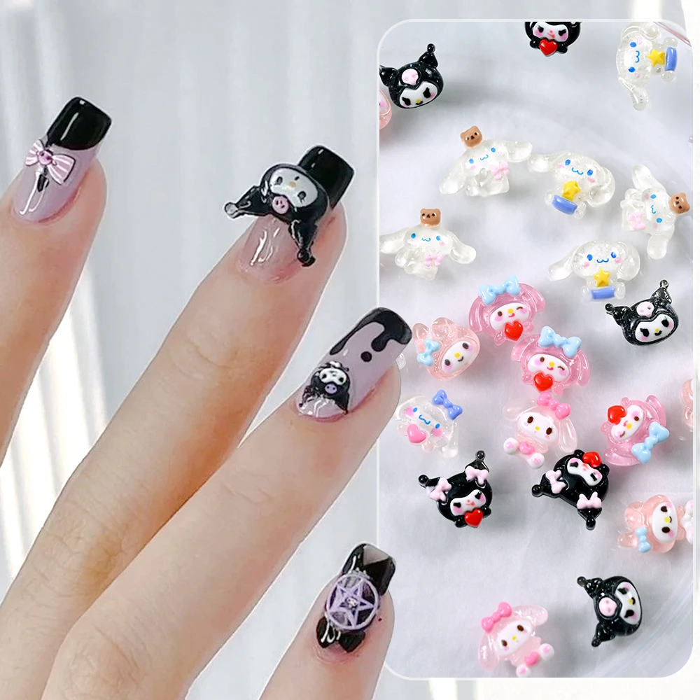 10 pçs sanrio 3d kuromi olá kitty manicure kawaii dos desenhos animados cinnamoroll arte do prego diy strass decoração diversão decalques da arte do prego