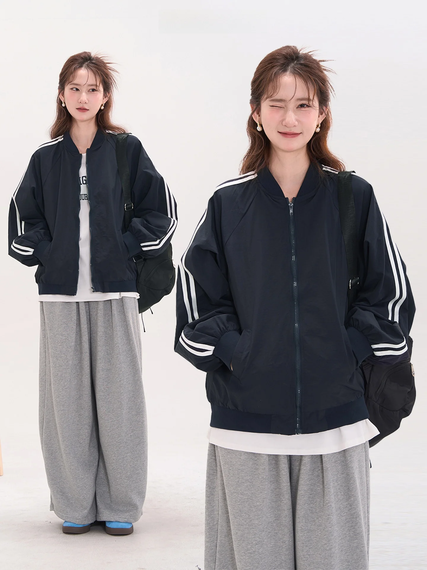 

Свободная женская бейсбольная куртка на молнии с двумя полосками, повседневная, для весны и осени, удобная, из нейлонового волокна, верхняя одежда