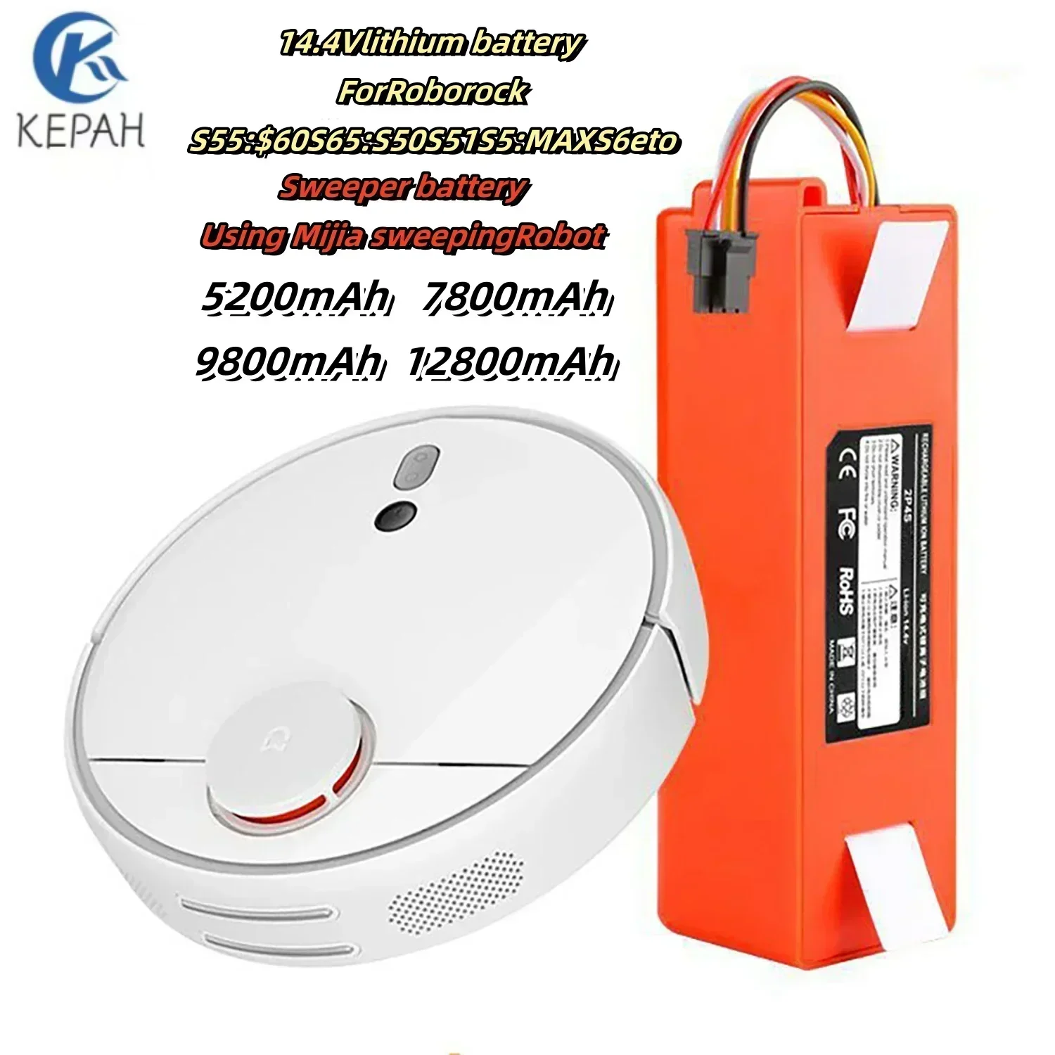 14.4V 4S2P 5200mAh for Xiaomi Roborock, Robotic Vacuum Cleaner, S55, S60, S65, S50, S51, S5 MAX, S6 Parts, 14.4V, 12800mAh