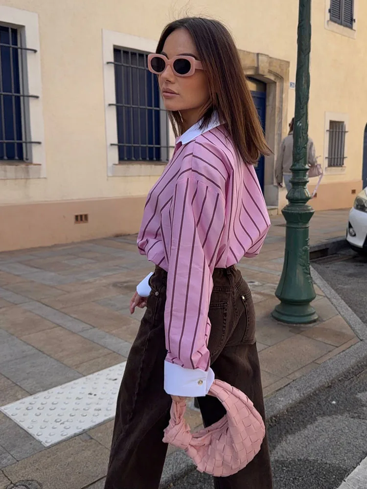 

HH 2026 Spring Women Fashion Shirt Pink Striped Lapel Long Sleeve Single Breasted Female Elegant Casual Loose Versatile Blouse