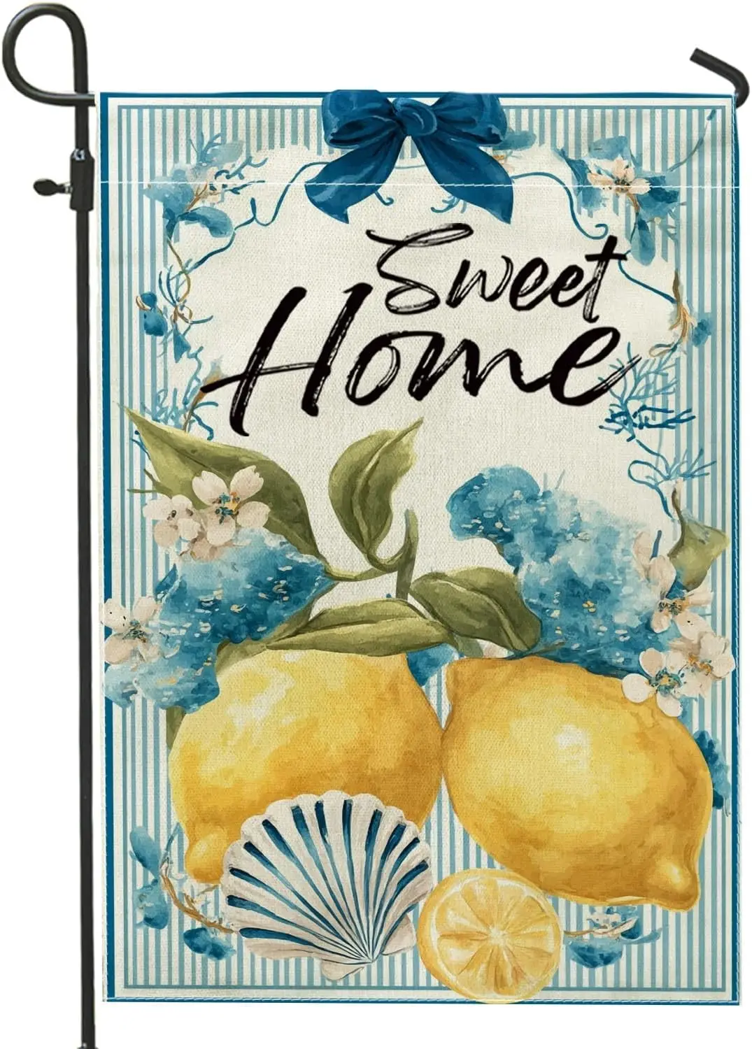 Spring Summer Lemon Floral Garden Flag, Blue Sweet Home Decor Banner, Double Sided Burlap Yard Flag Outdoor Lawn Decoration  yyi