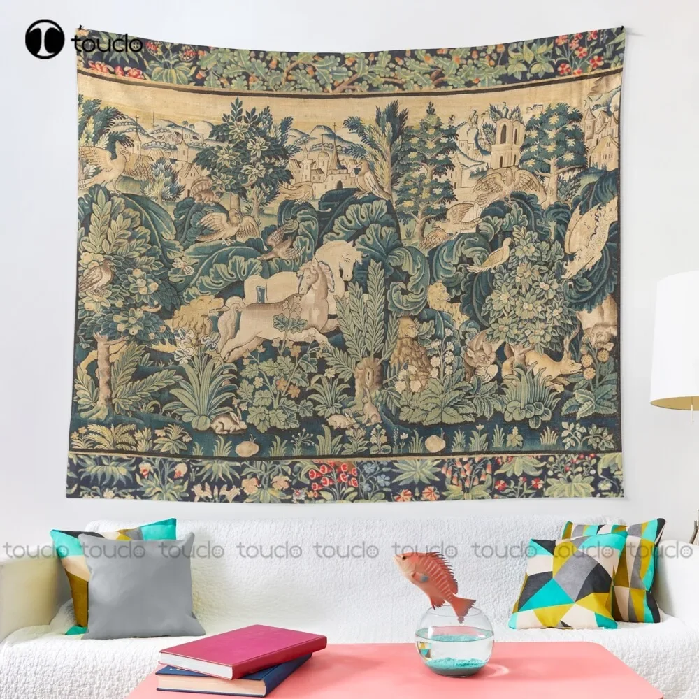 Fantastic Animals And Horses In Woodland Blue Green Ivory Antique French Tapestry Tapestry Printed Tapestry Hanging Wall