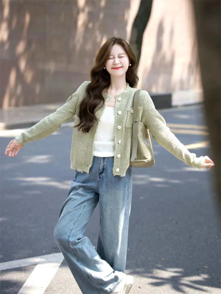 

Autumn Large Size Knitted Jacket And Wide Leg Jeans Tea System Two Piece Set Fashionable Slimming Effect Korean Style Casual ...