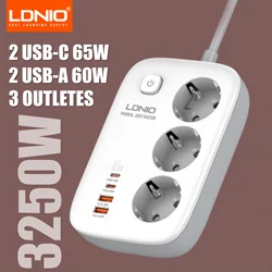 LDNIO Power Strip EU Kr 4.8mm Standard 3 Outlets with PD 65W 4 USB Port USB Charging 2M Extension Cord Socket adapter