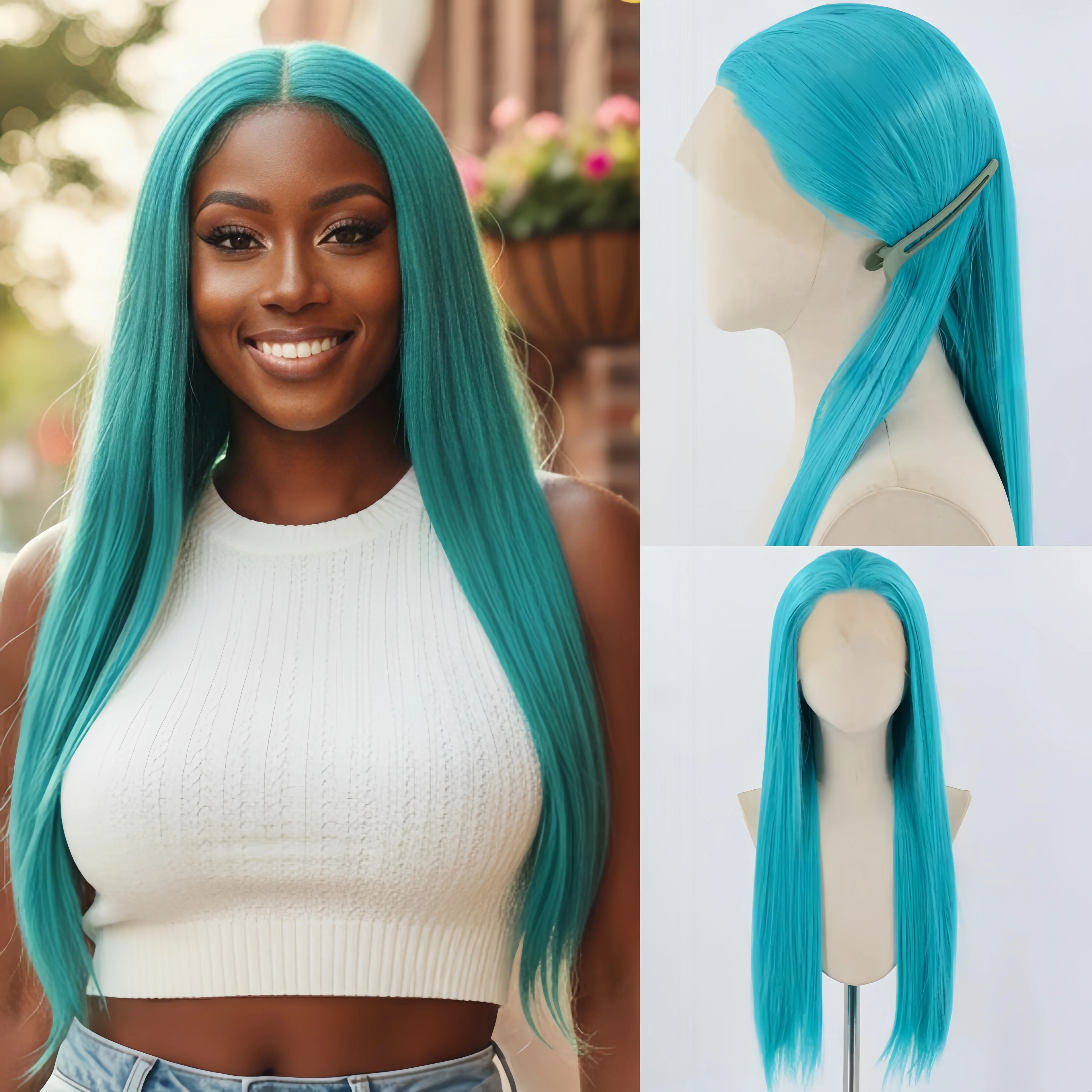 

Сине-зеленый парик фронта шнурка для женщин 13x4 Кружевная фронтальная одежда и Go Pre Plcuked Бесклеевой парик для косплея Синтетические парики шнурка на каждый день