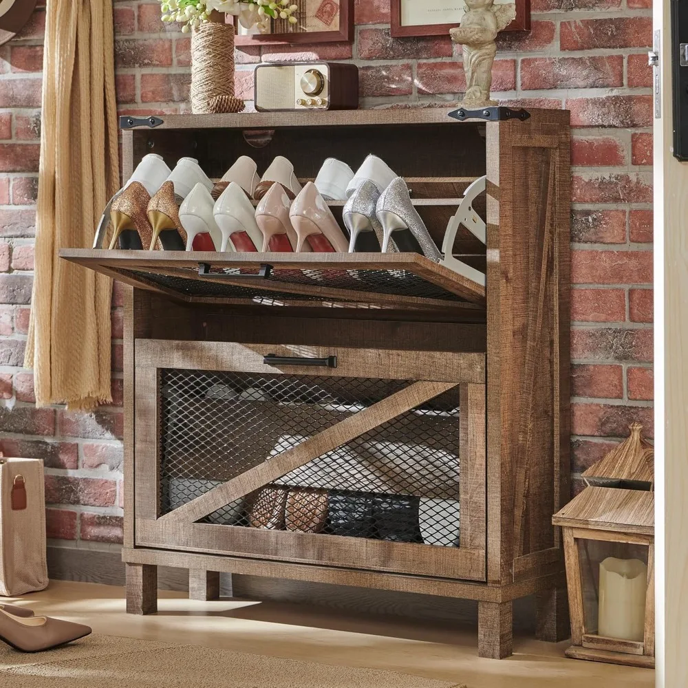 

Shoe Cabinet with 2 Flip Drawers, Farmhouse Shoe Storage Cabinet with Mesh Doors and Adjustable Shelves, Rustic Woode