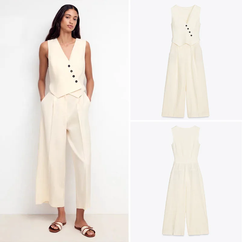 

Summer New Women's Long Vest Style Jumpsuit Mixed Fiber 2025 Seasonal Fashionable Comfortable Fit Stage Performance Wear