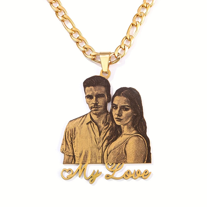 

Valentine's Day Custom Engraved Photo Couple Necklace Stainless Steel Cuban Chain Personalized Pendant Necklace Anniversary Gift
