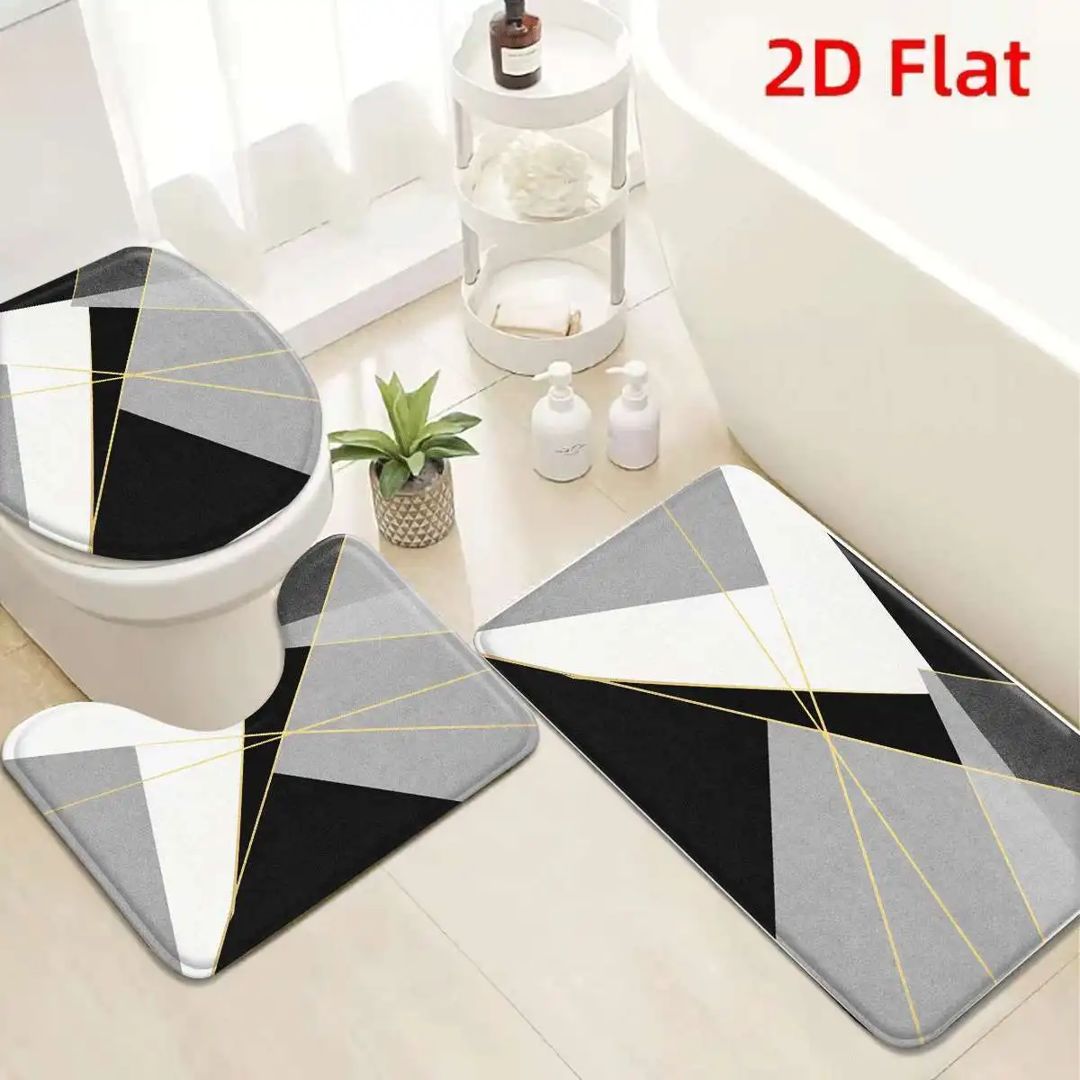 

3Pcs Black Gray Gold Geometric Bath Mat Non Slip Absorbent Toilet Rug with Lid Cover for Bathroom Washable Flannel Base