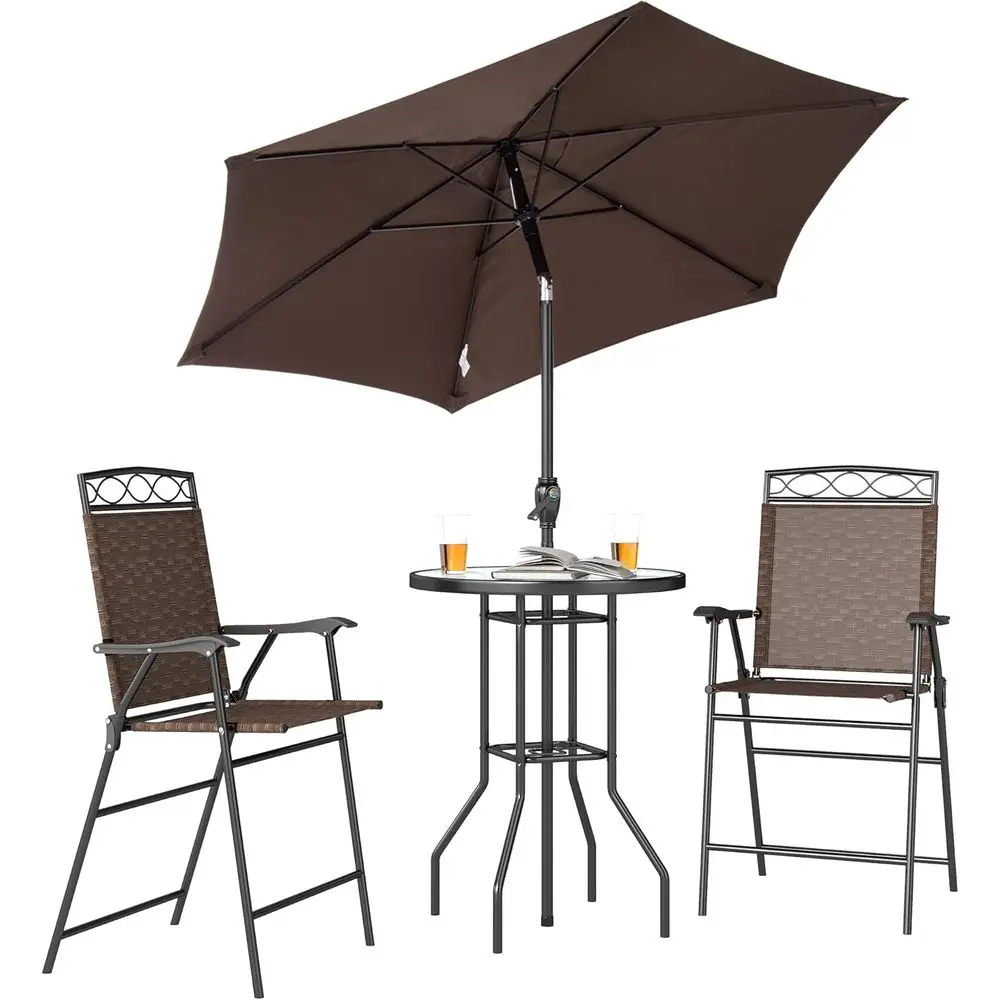 

Барный набор на открытом воздухе с зонтиком, обеденный набор для патио с 2 складными стульями, стол из закаленного стекла с волнистой текстурой для заднего двора, сада,