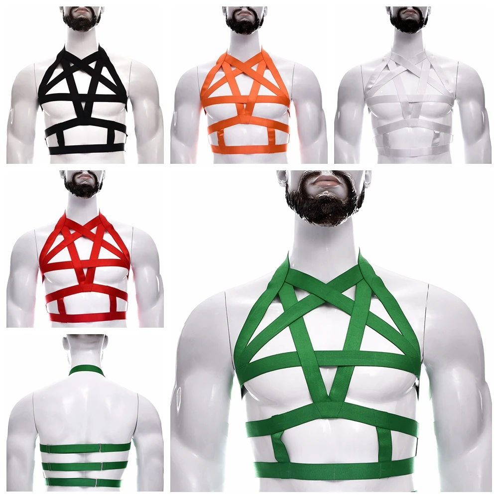 Gay Mens Rainbow Halter Chest Pentagram Jockstrap Elastic Top Body Cage Harness Hollow Lingerie Sexy Bondage Fetish Body Harness