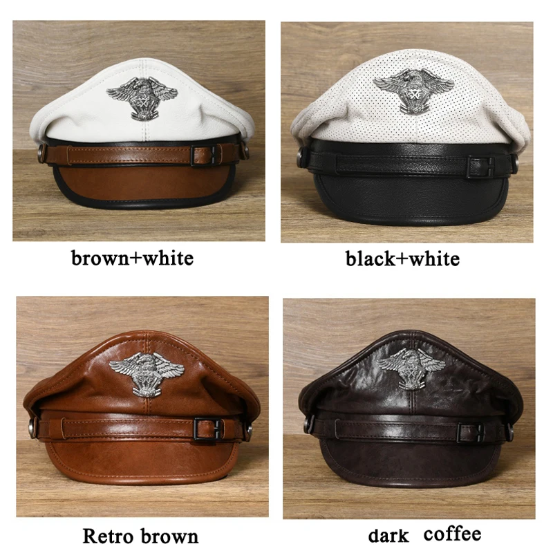 New Retro German Military Caps For Men Male Genuine Leather Flat Top Hats European American Captain Locomotive Chapeau