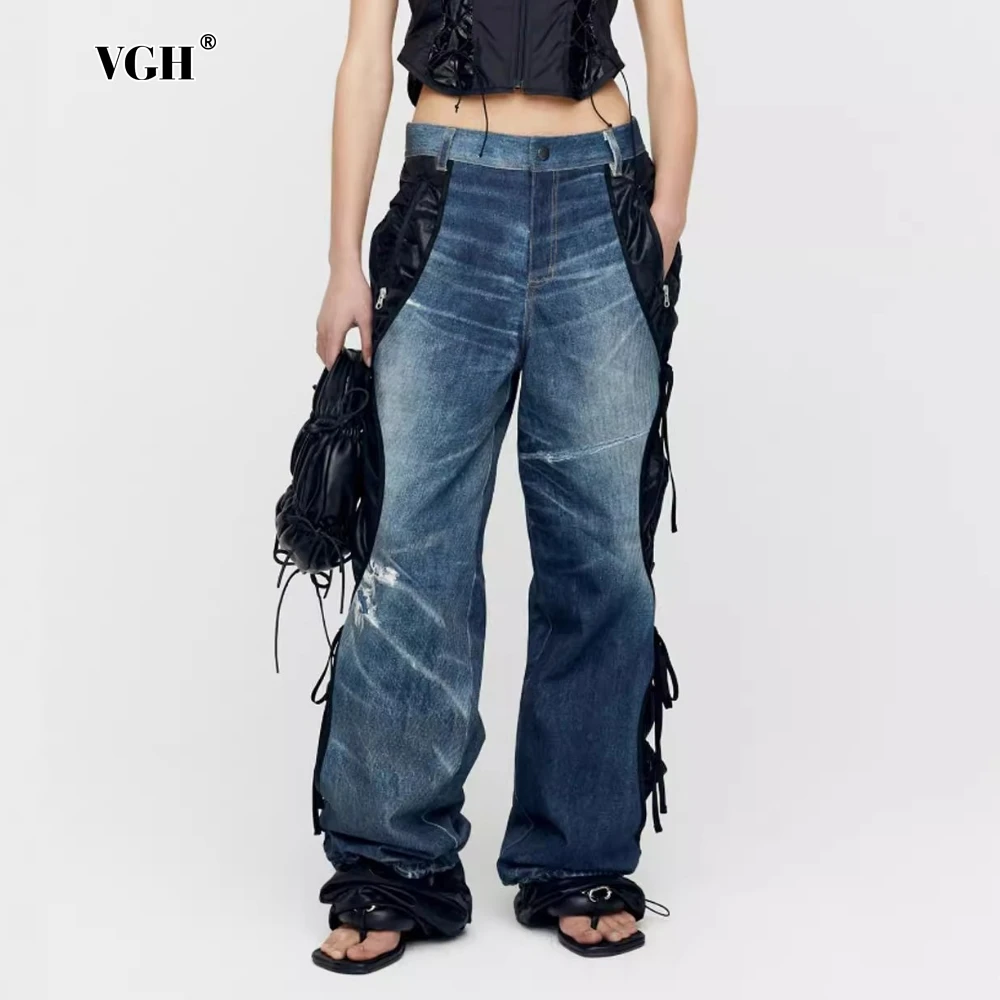 

VGH хитовые цветные джинсы с карманами для женщин, высокая талия, лоскутные модные свободные брюки со шнуровкой по бокам, женская осенняя одежда