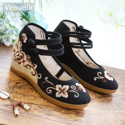 Veowalk Hidden Platform Women Linen Cotton Embroidered Shoes Handmade Vintage Ladies Casual Comfortable Mid Top Canvas Sneakers