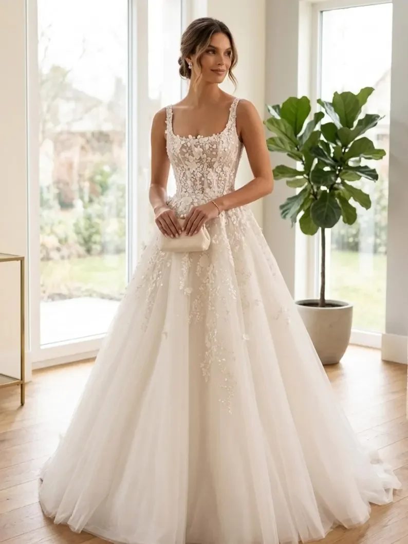 Square Neck Ballgown Wedding Dress Bridal Gown Custom 3D Floral Appliques Tulle Deep V Back Court Train Vestido De Novia