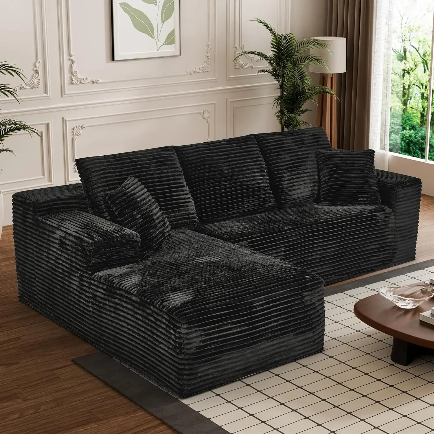 Black L Shaped Modular Sofa Memory Foam Deep Seat Chaise No Assembly