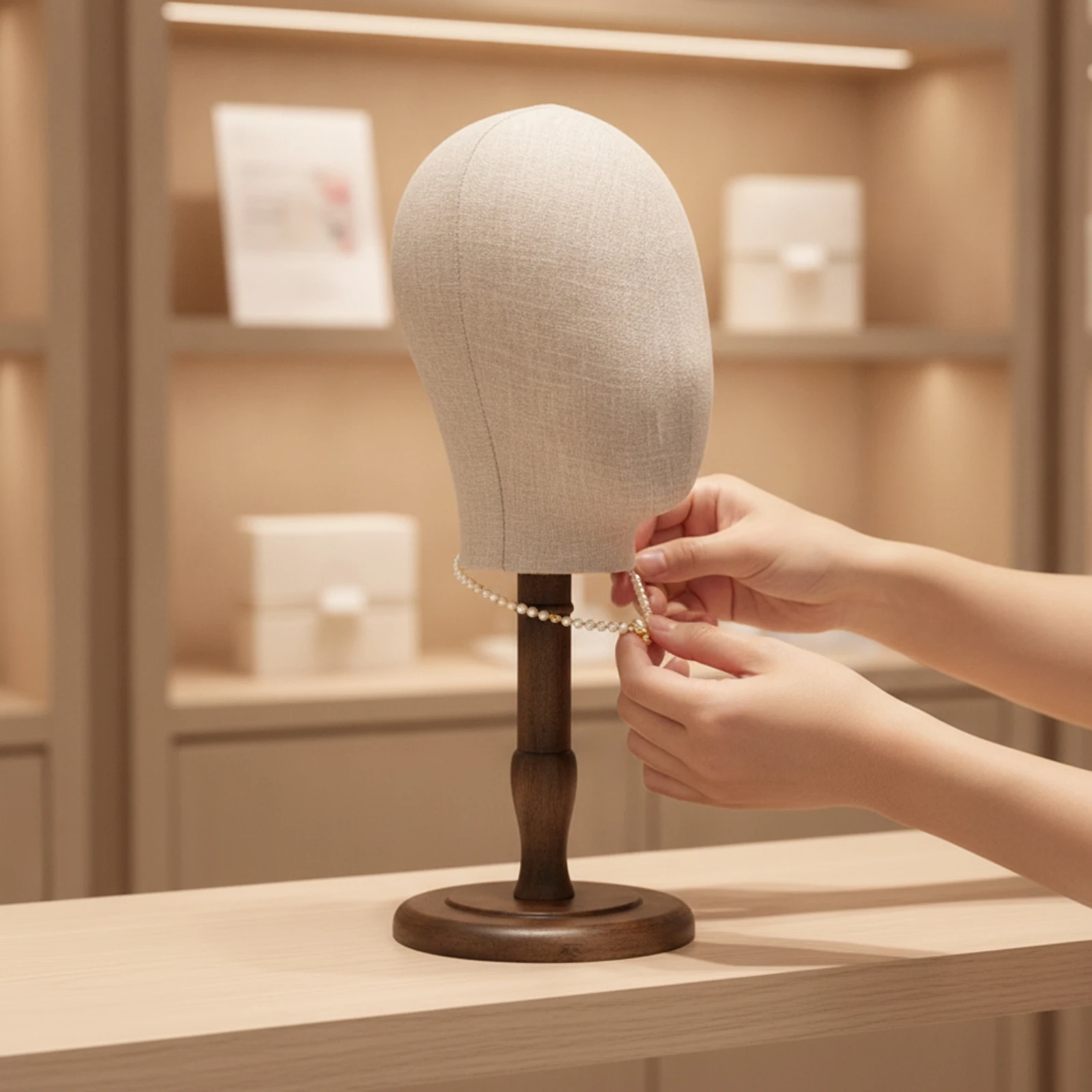 Mannequin Head with Wooden Stand clothCovered Hat Display Stand Antique-Style Tabletop for Milliners, Retail Store