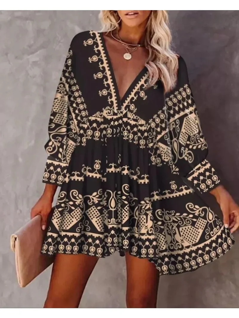 

New Women's Spring Loose V-neck Full Body Printed Fashion Short Skirt Pullover Long Sleeve Dress Bodycon Dress Summer Dress