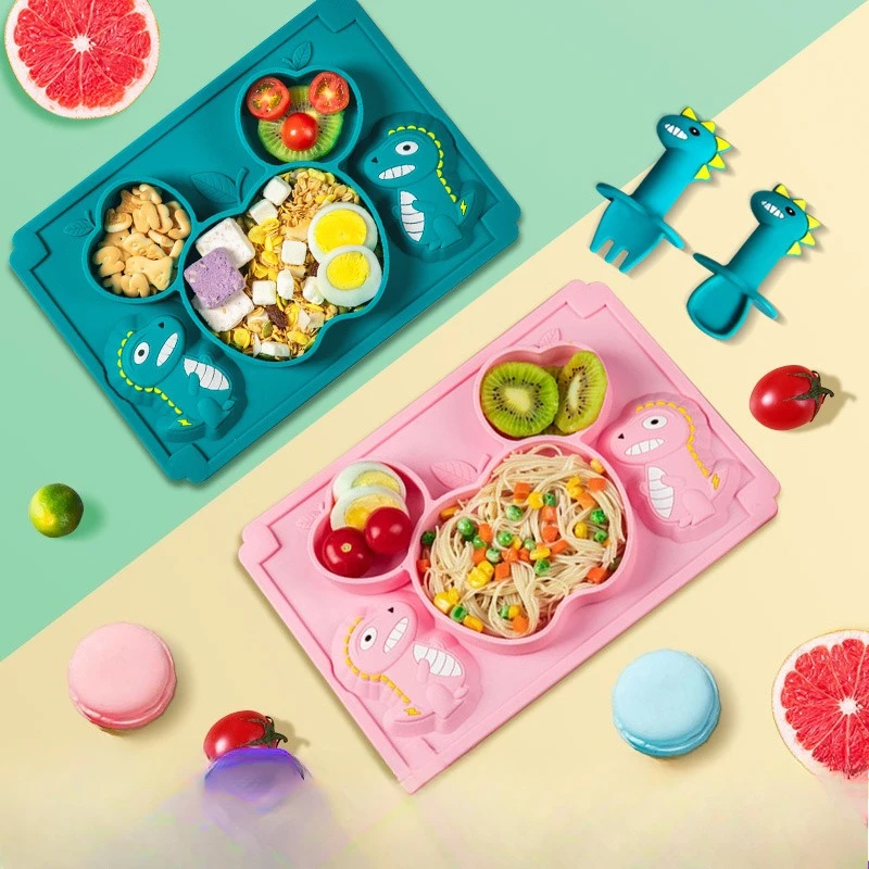 

Детская силиконовая обеденная тарелка с динозавром, детская тренировочная миска для прикольной еды, вилка, ложка, нагрудник, чашка на присоске, тарелка, посуда