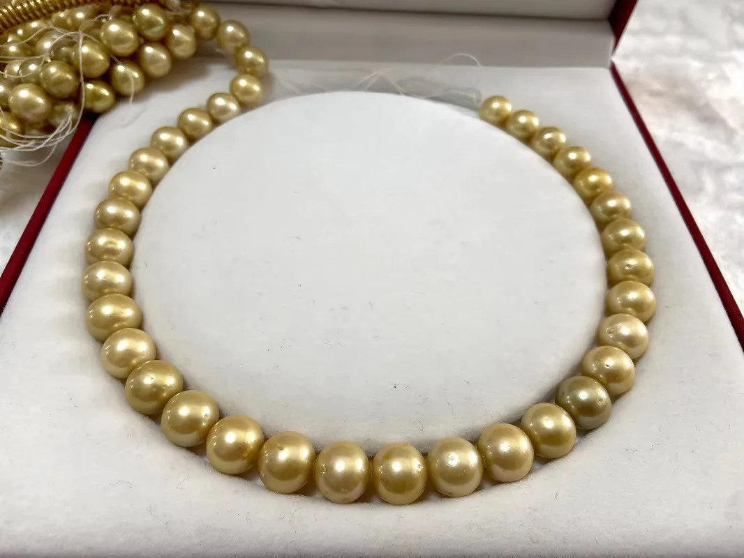 Fashion Design Necklace for Women 925 Silver Big 11-12mm Natural Sea Pearls Golden Nearly Round Female's Fine Jewelry Gifts