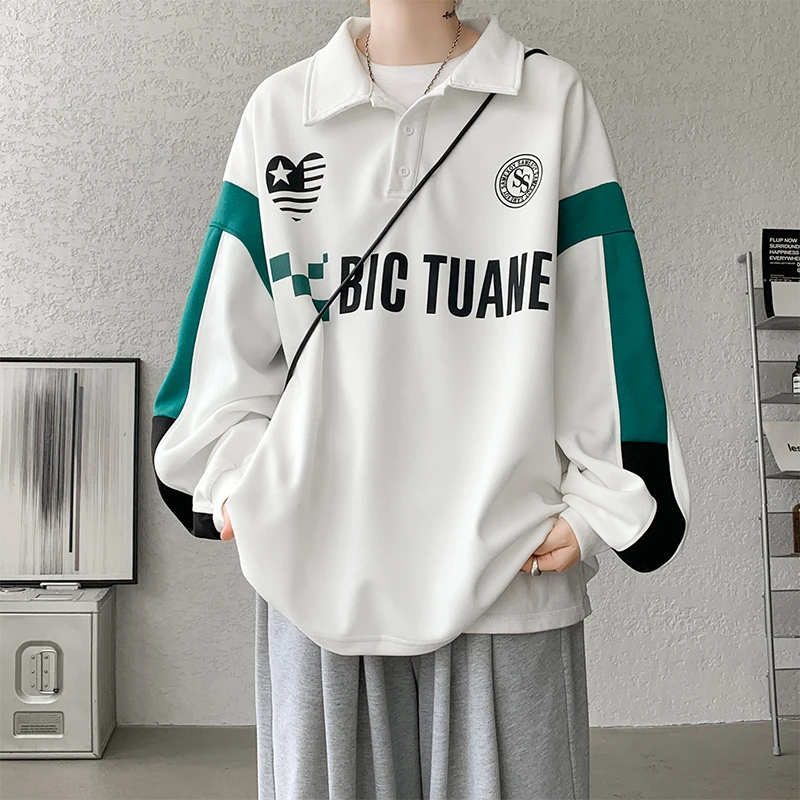 Trendy Youth Long Sve  irt Spring Autumn New Arrival Casual Wear Contrast Color Patchwork Turn-down Collar Sweatirt