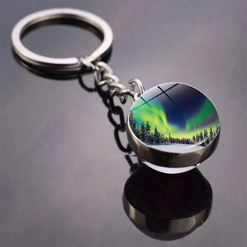 Northern Lights Keychain Fashion Luminous Aurora Double-Sided Glass Ball Car Handbag Pendant Keychain Astronomy Lover Gift