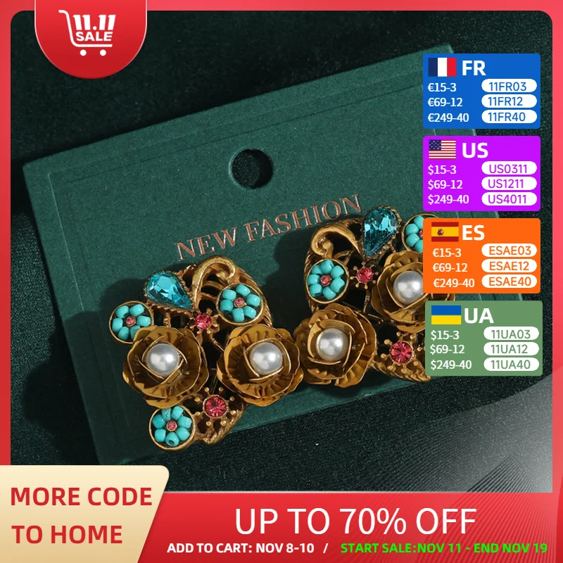 

Vintage Blue Flower Earrings For Woman Turquoise Jewelry Antique Gold Color Natural Stone Stud Pearl Jewelry Luxury Christmas