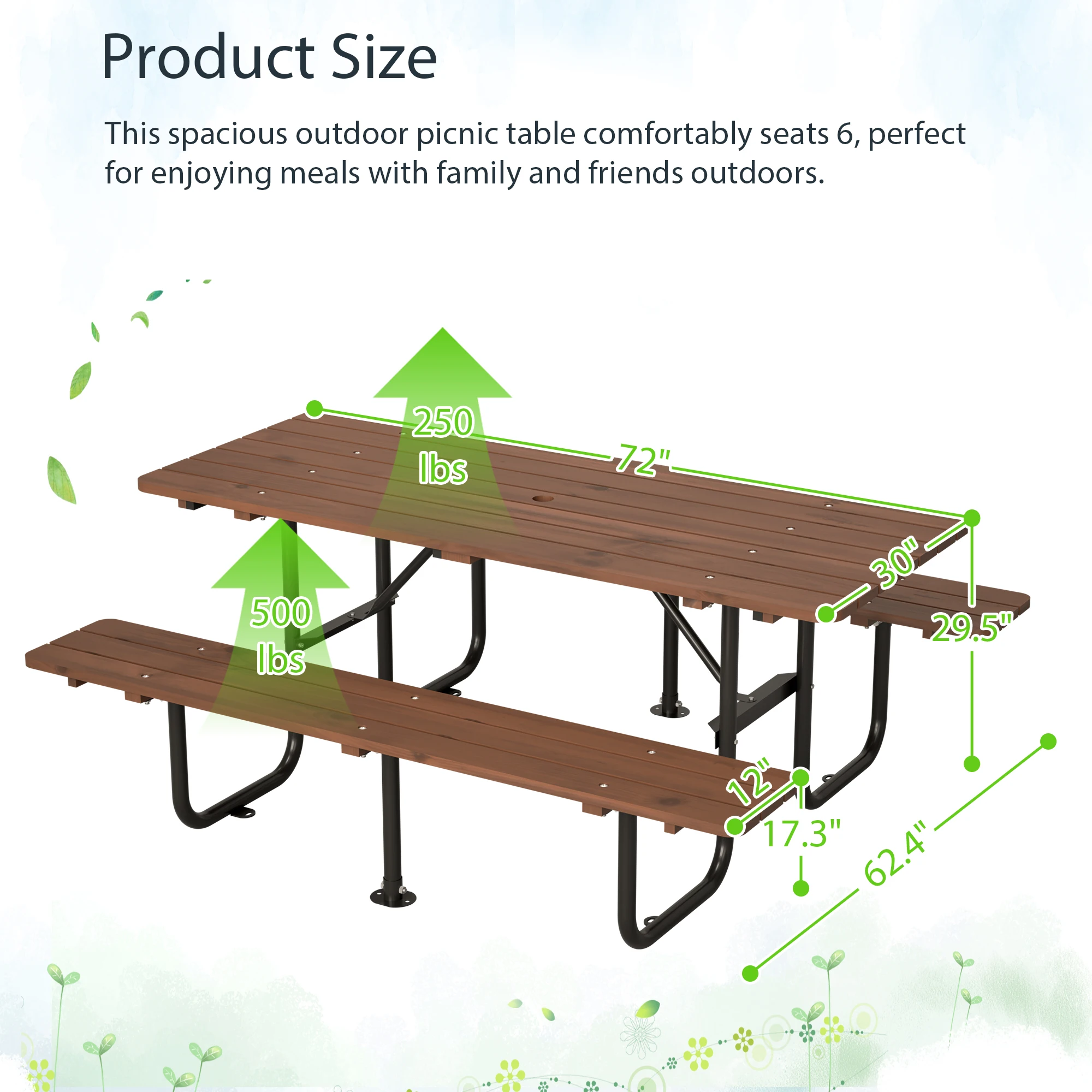 6 Person 72 inch Heavy Duty Wooden Outdoor Picnic Table Built in Benches Waterproof 1.97 inch Umbrella Hole for Patio Garden