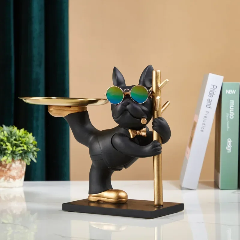 French Bulldog Decoration with Wood Holder Dog Sculpture for Home Decor Animal Statues Butler Office Desk Ornaments Living Room