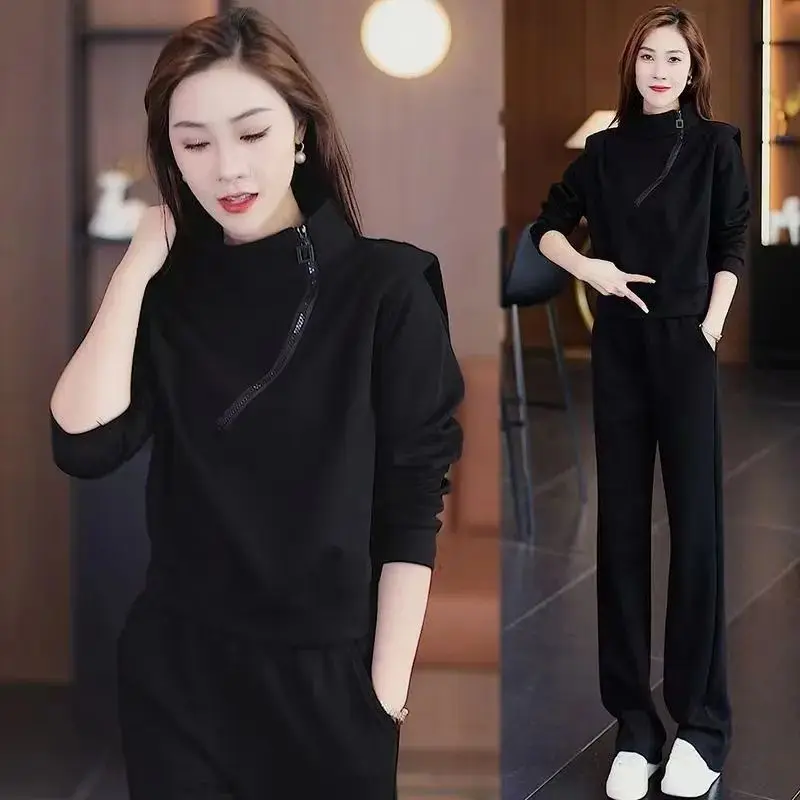 Maillard's Popular Casual Sports Set for Women's Autumn New Diagonal Zipper Knight Shoulder Top+wide Leg Pants Two-piece Set