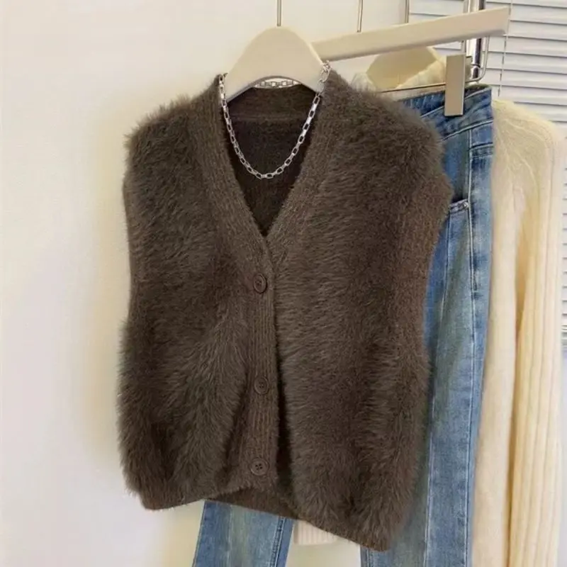 Soft Design Knitted Glutinous Mink Feeling Niche Lazy Autumn and Winter Women's Velvet Vest Top Cardigan Sweater Vest Loose Fit