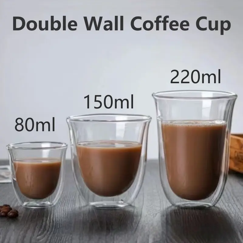 2pcs 80/150/220ml 이중 벽 커피 컵 단열 유리 컵 맥주 우유 워터 컵 투명 컵 유리 Drinkware 머그잔