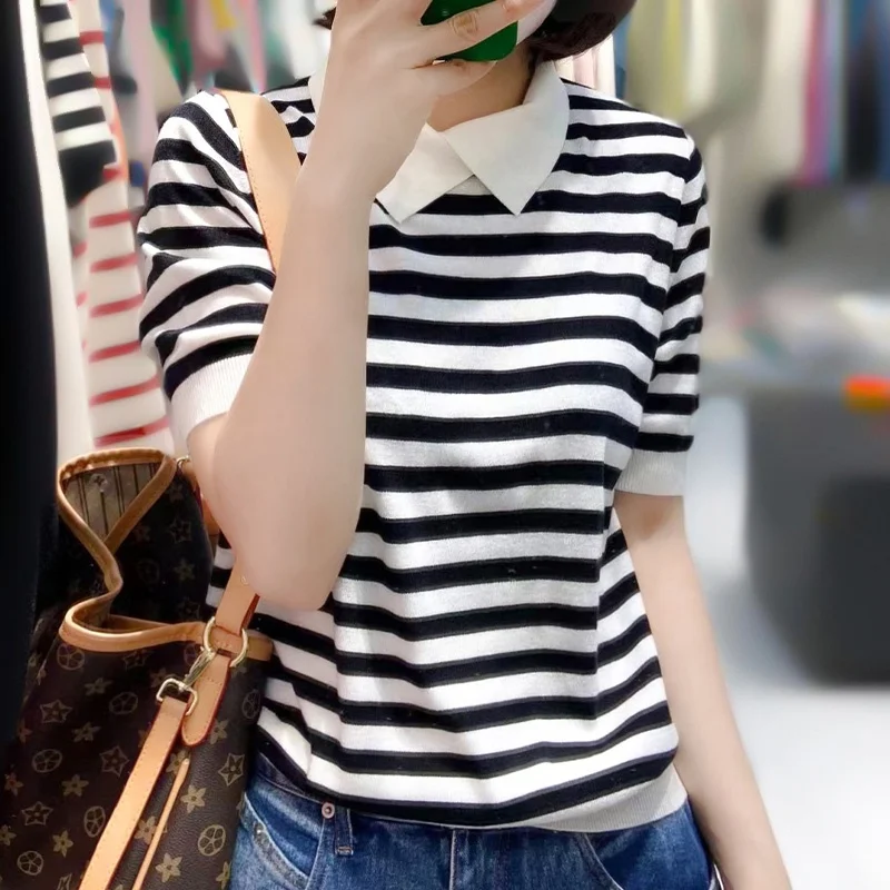 

Slimming Ice Silk Knitted Short Sleeve T-Shirt Women's Striped Turn-down Collar Button Tail Top Korean Style Loose Fit Summer