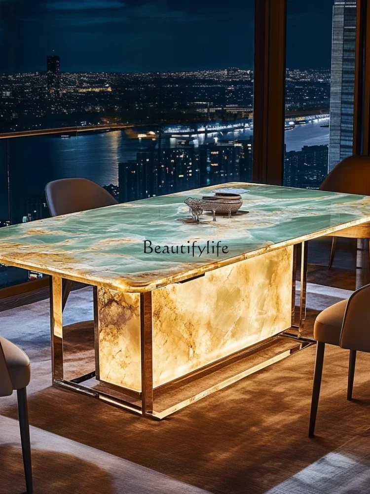 01Luminous square luxury stone dining table light luxury style marble jade customization