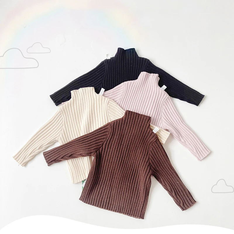 

Autumn Children's Sweaters Base Top 1-6 Y Girls Vertical Pit Strip Solid Color Knit Pullover Kid's Turtleneck Bottom Sweater