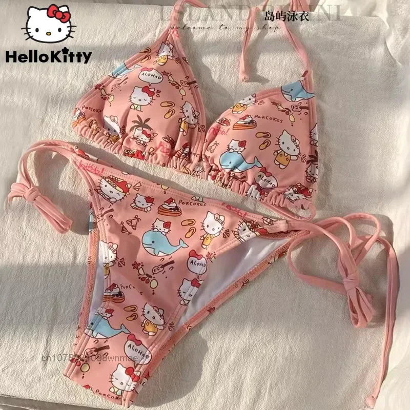 Sanrio Cute Cartoon Girl delfin Hello Kitty strój kąpielowy Y2k kobiety lato nowy Split zestaw bikini z z miseczkami na piersi seksowne ubrania na