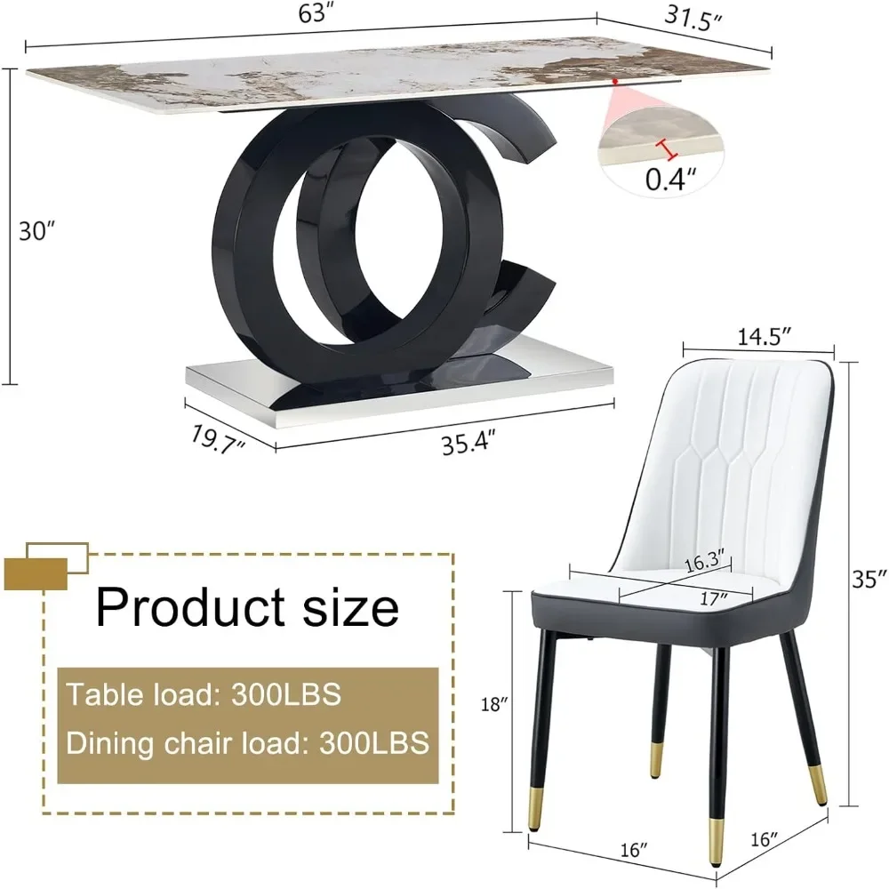 Dining Table Set for 6, PDLB Marble Tabletop & MDF Base, Glass Tables with 6 PU Leather Upholstered Chairs, Dining Room Set