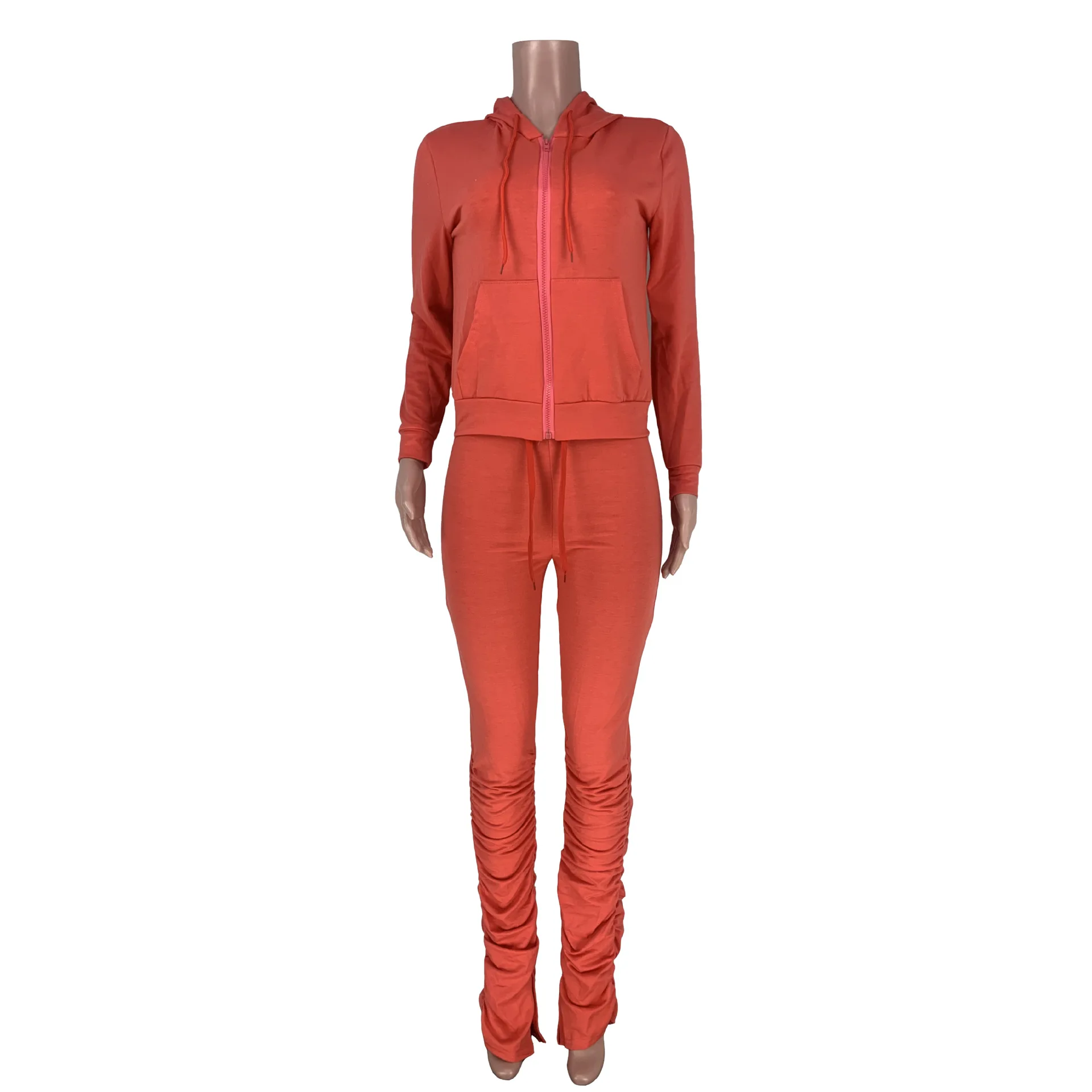 Fashion Casual Solid Color Zipper Crop Hoodie Pleated Pocket Pants Two-Piece Set Winter Women's Sports Trousers Suit