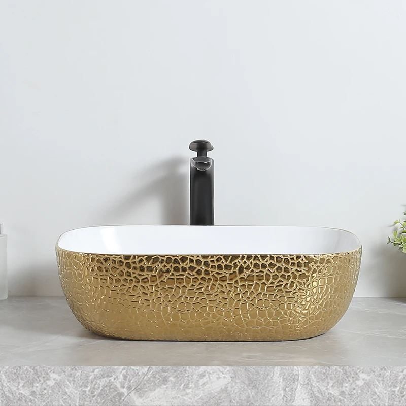 Classic Style Luxury Diamond Rectangular Ceramic Art Face Brush Wash Hand Gold White Color Basin