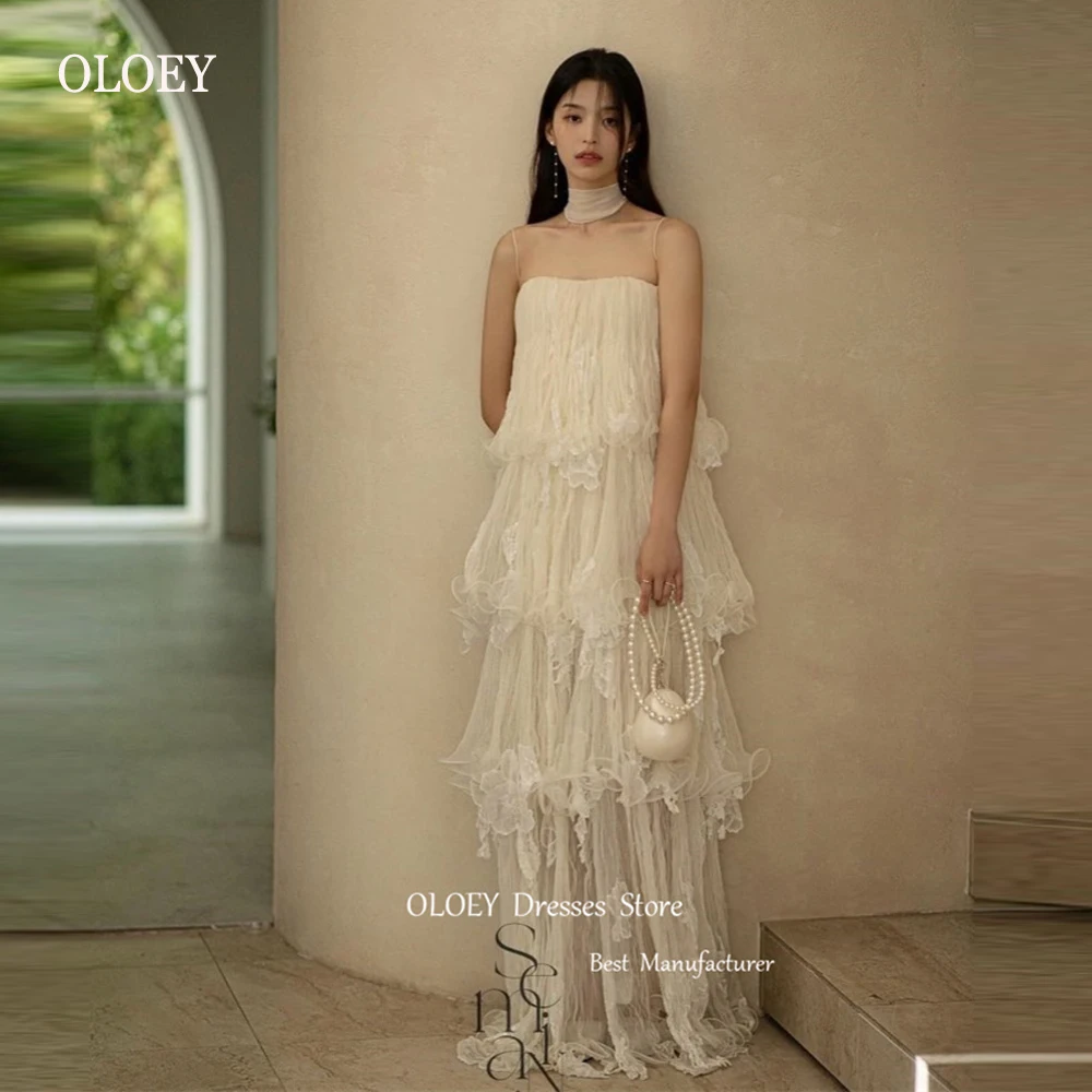 

OLOEY Spaghetti Straps Soft Tulle Layered Korea Wedding Dresses Photo shoot Tiered Fairy Bridal Gowns Party Evening Dress