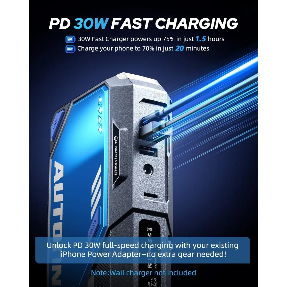 Portable 12V Car Battery Jump Starter for All Gas Diesel Engines with Type C Fast Charging