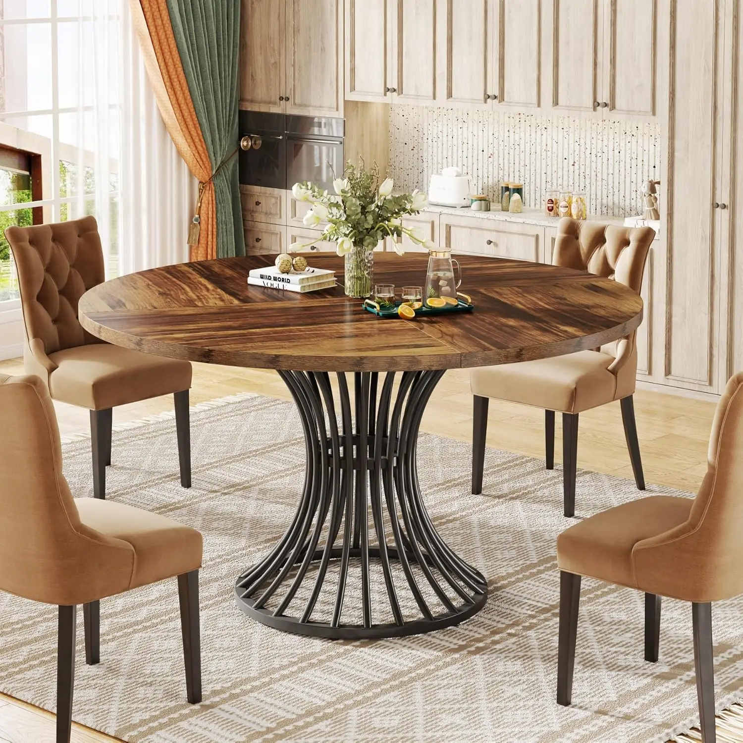 Round Dining Table for 4-6 People, 47" Large Rectangular Kitchen Table with Geometric Legs, Unique Dinner Table Kitchen