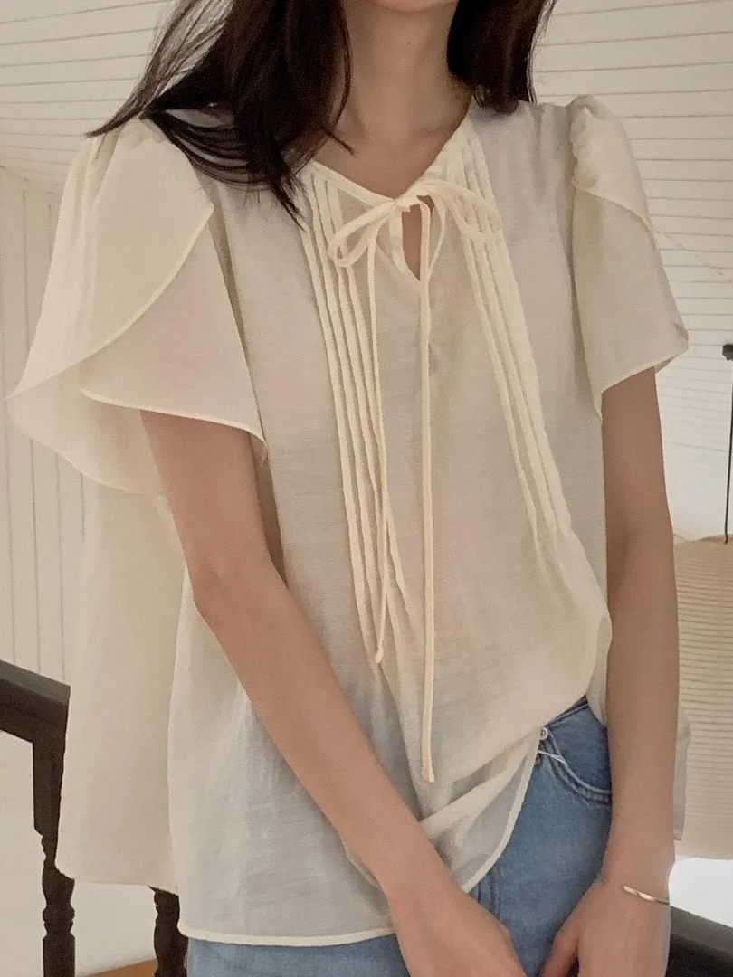 

Ele Korean Sle Women's irt Sweet T Bloom Sve Knot ort Sve Top Design Sense Blouse Summer Faion Ladies'...